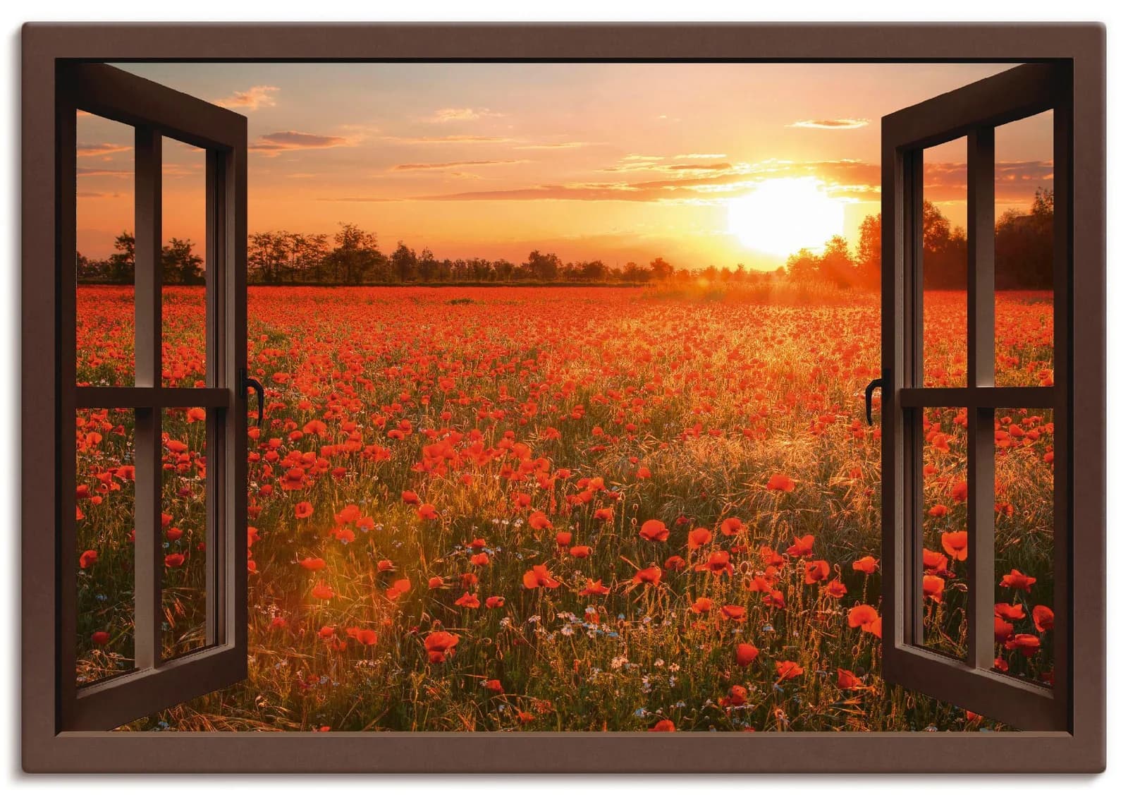 ARTLAND Leinwandbild Fensterblick Mohnblumenfeld Braun