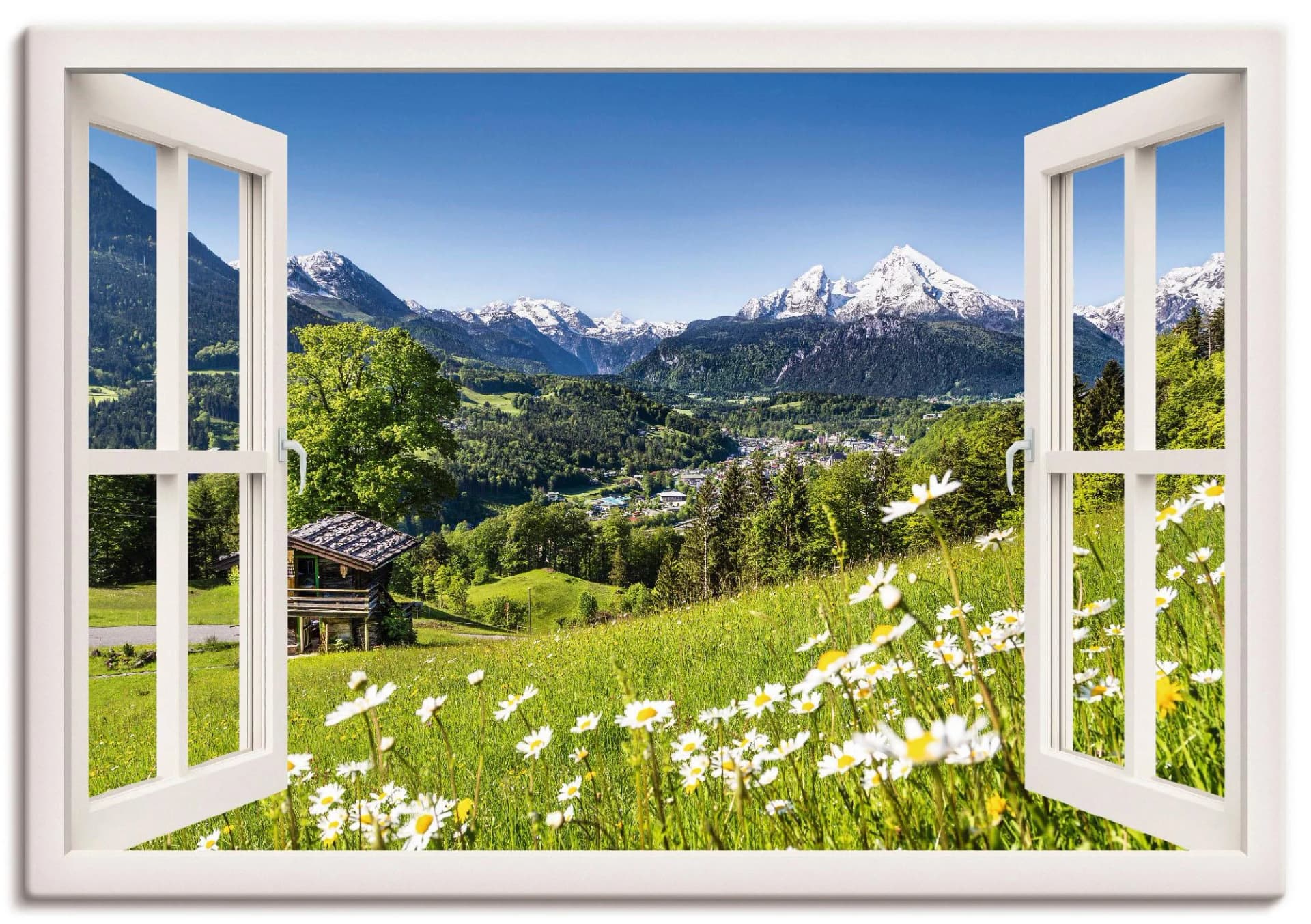 ARTLAND Wandbild Fensterblick Bayerischen Alpen Leinwandbild Weiß
