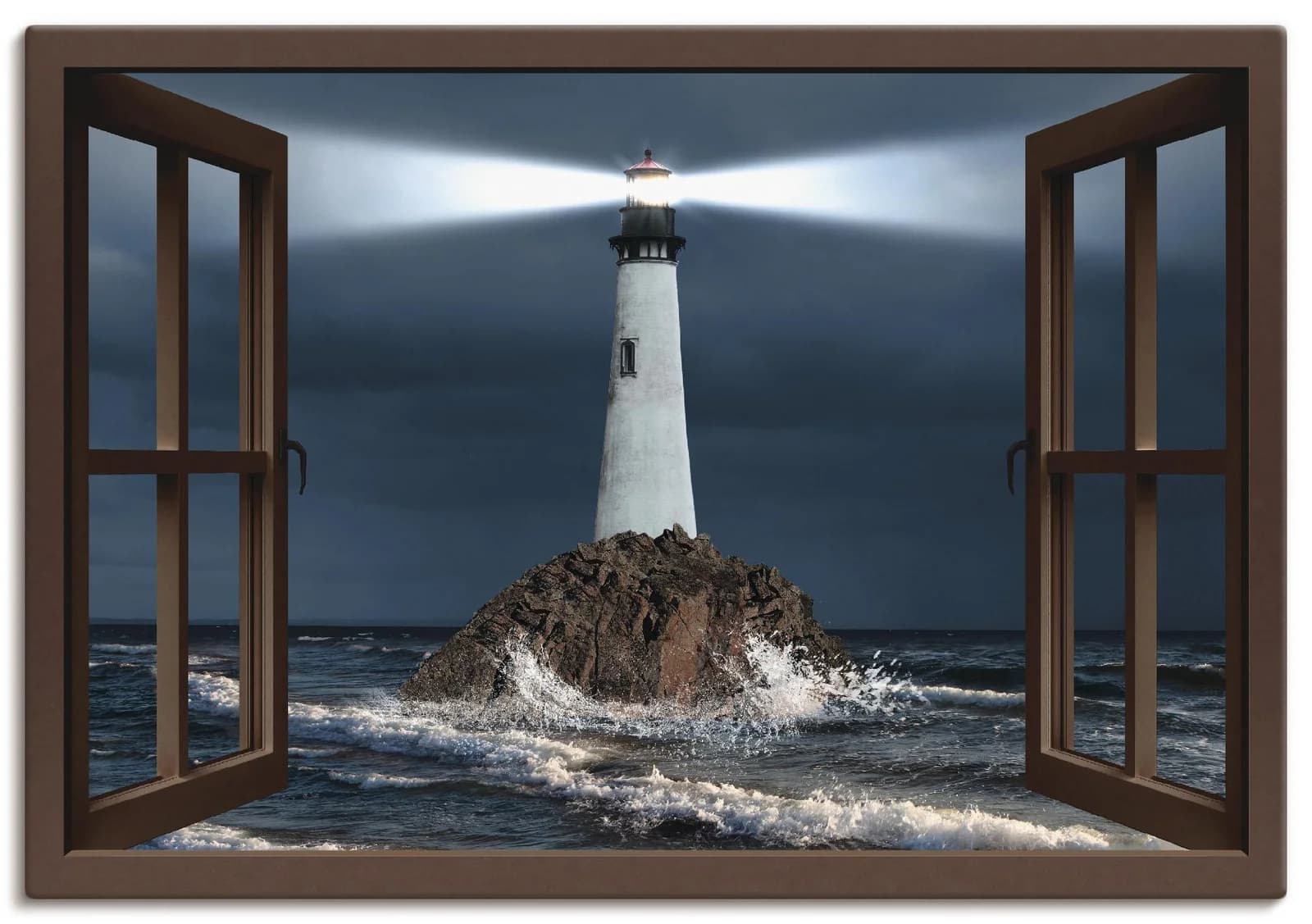 ARTLAND Leinwandbild Leuchtturm mit Lichtstrahl Braun