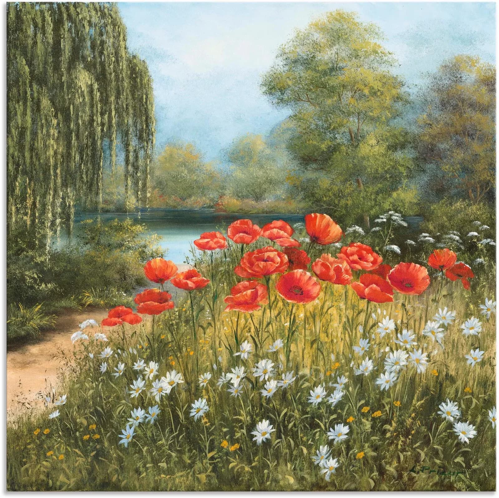 ARTLAND Wandbild Mohnwiese am See Grün 100x100 cm Alu-Leinwand