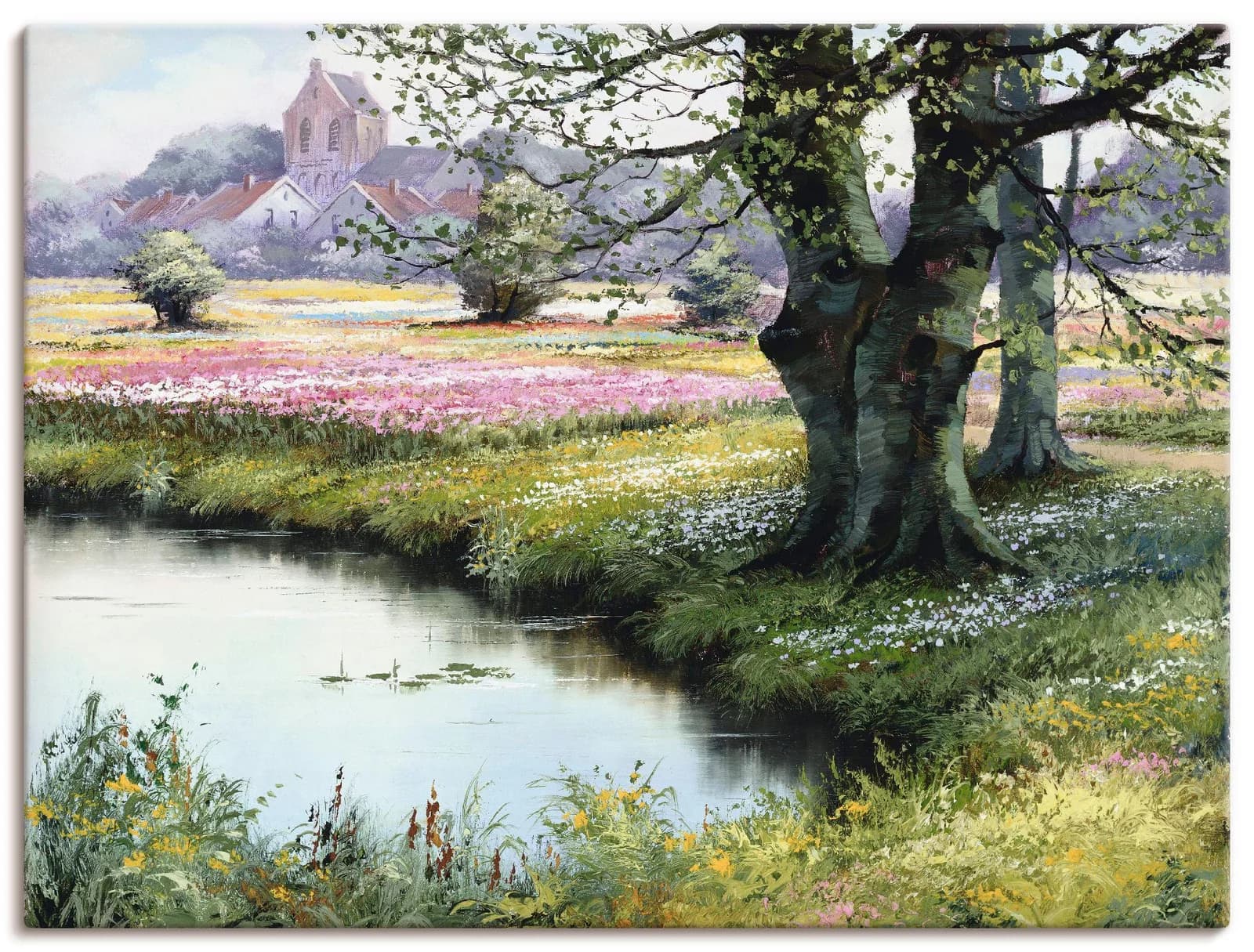 ARTLAND Leinwandbild "Das Dorf" Grün auf Echtholzrahmen