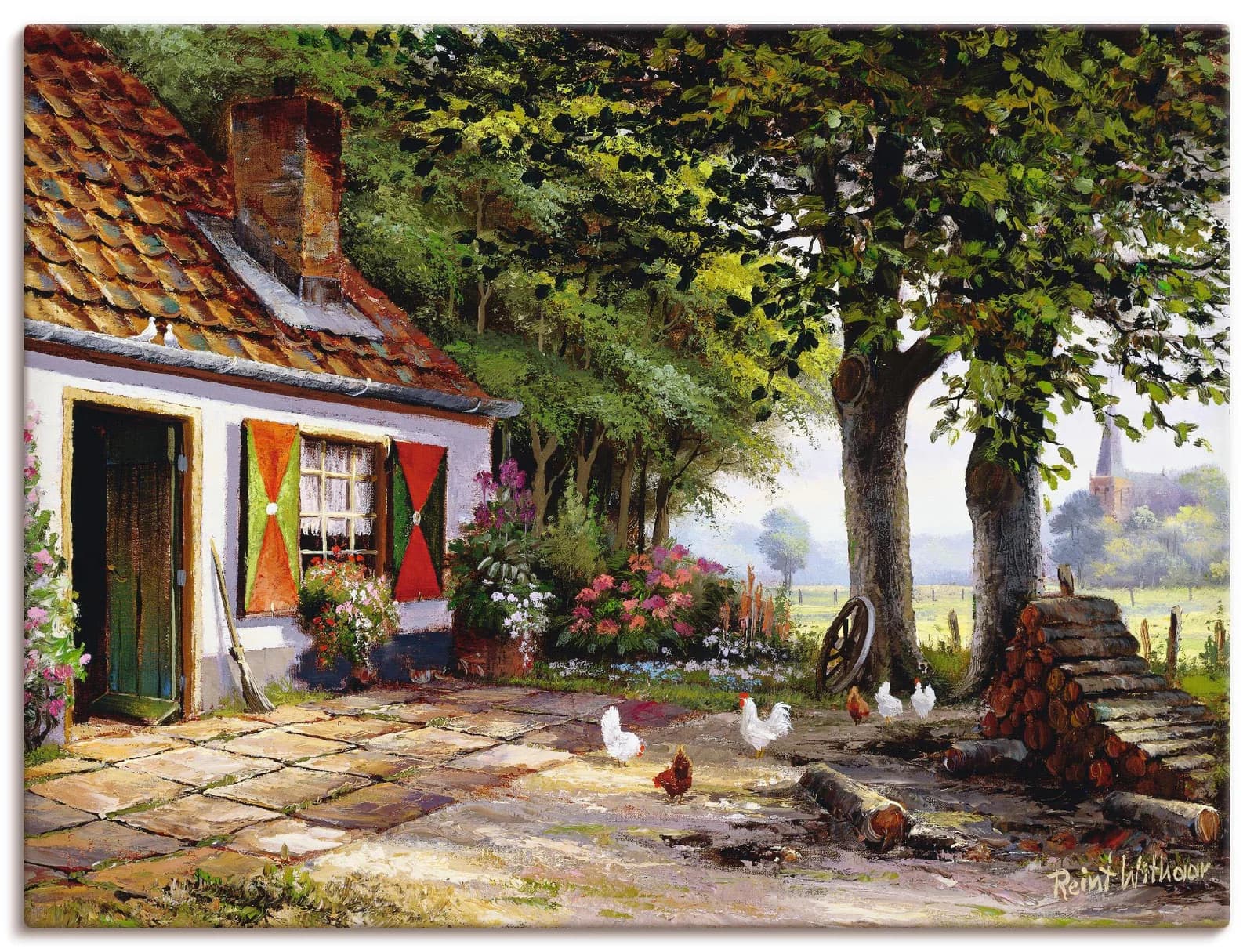 ARTLAND Wandbild Hühner auf dem Hof Grün Leinwandbild 80x60 cm