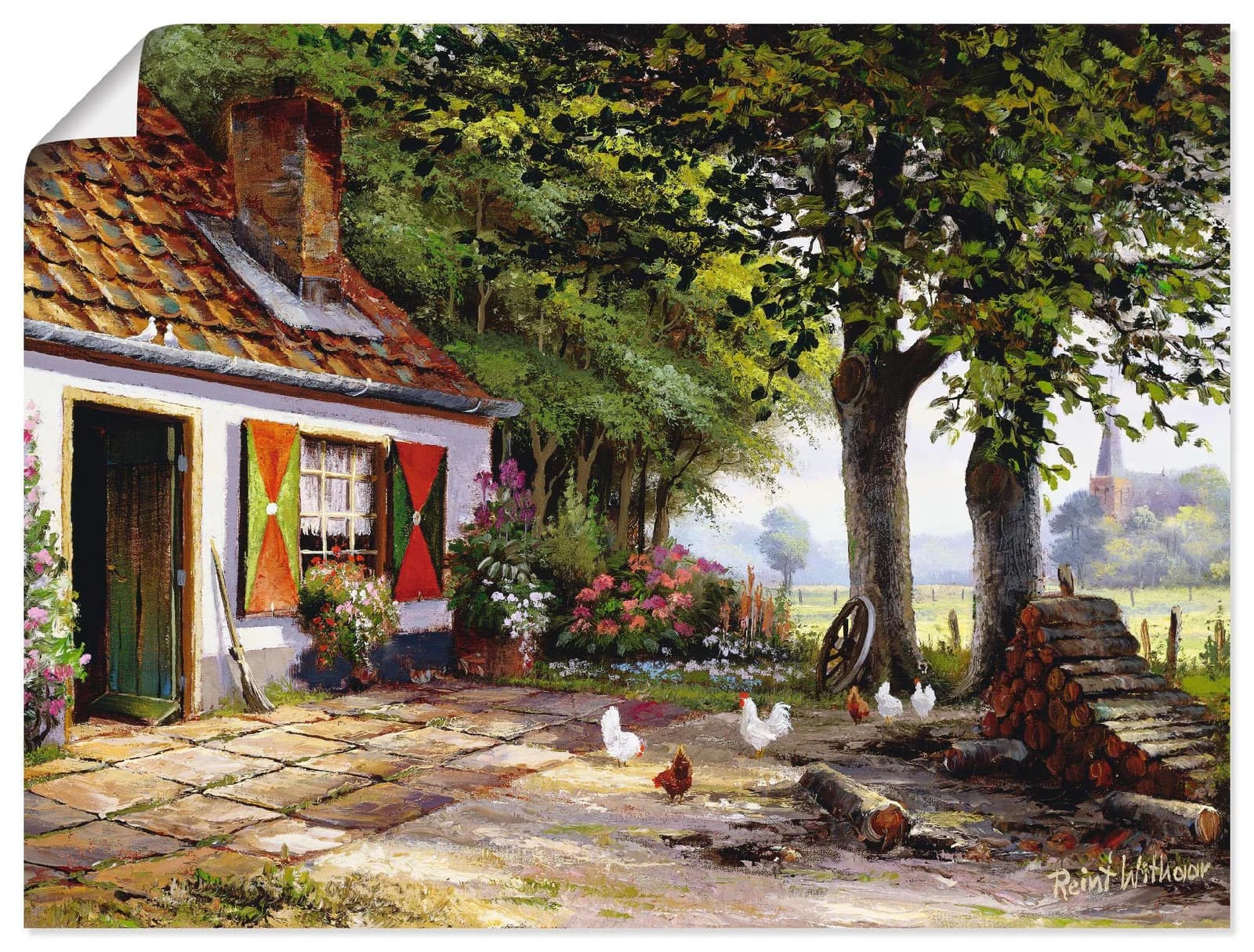 ARTLAND Wandbild Hühner auf dem Hof Grün 120x90 cm