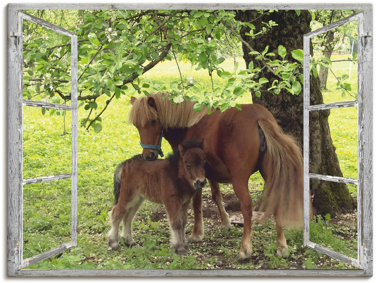 Leinwandbild ARTLAND 'Fensterblick - Pony mit Kind' - 120x90cm