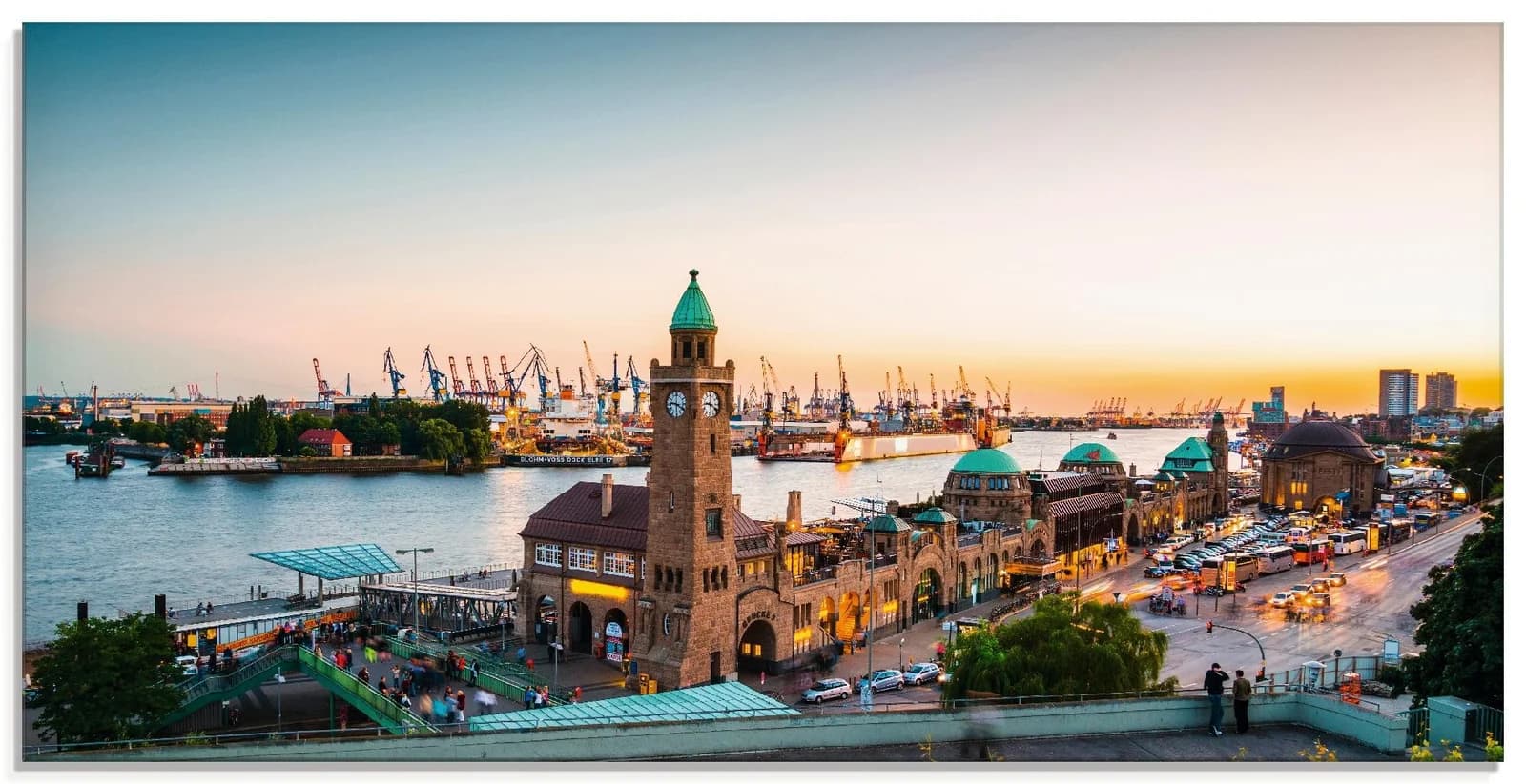 ARTLAND Glasbild Hamburg Hafen und Landungsbrücken Beige