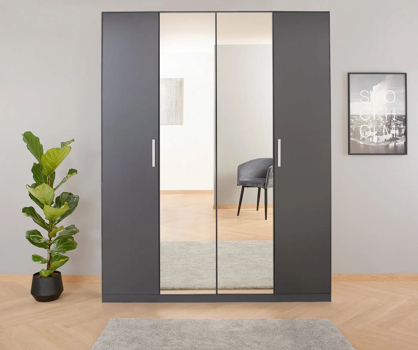 Rauch Kleiderschrank KOLUNA Grau mit Spiegeltüren und Schubladen - Bild 2