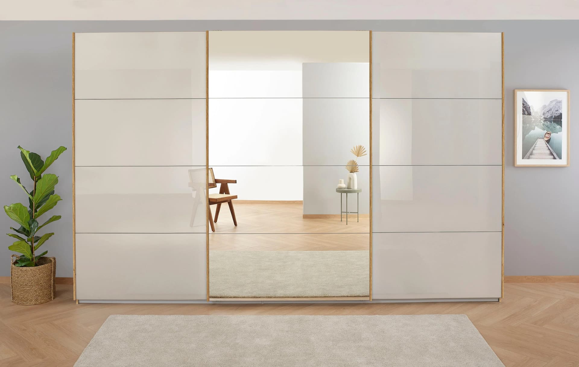 Rauch Schwebetürenschrank KOLUNA mit Spiegel Eiche Artisan Glas Beige