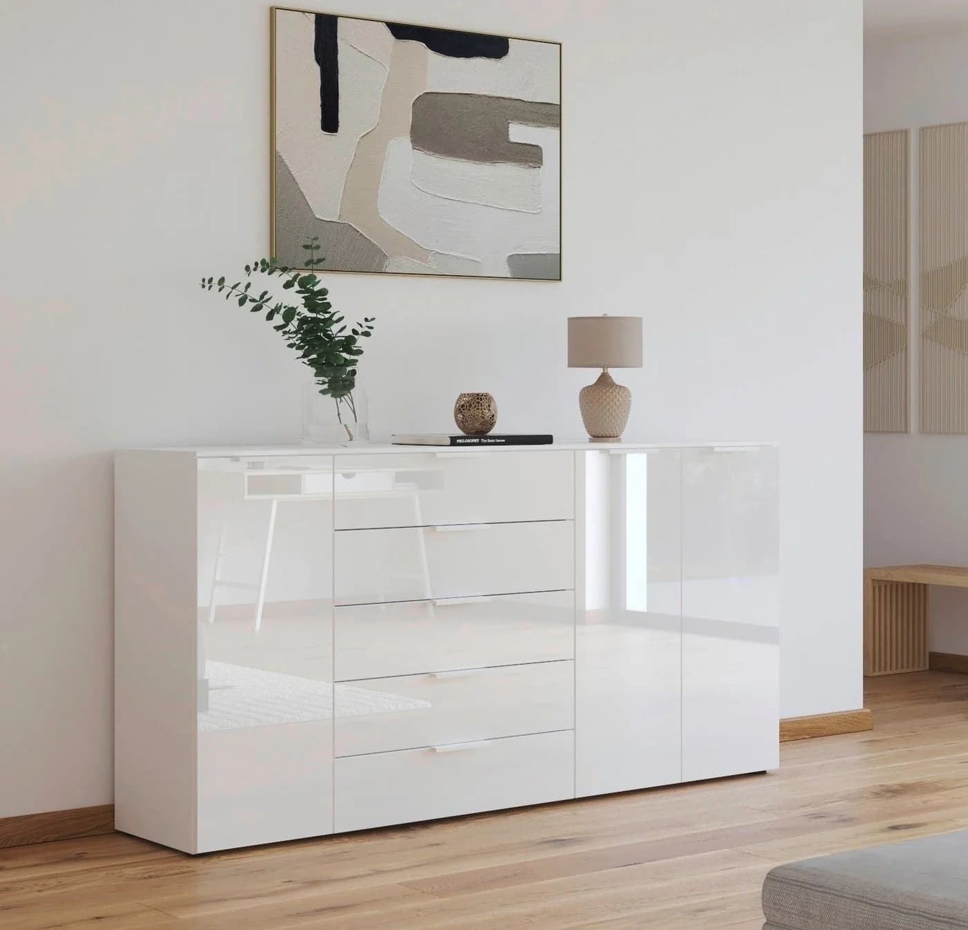 RAUCH FLIPP Kombikommode mit Glasfront 3-türig 5 Schubladen Soft-Close