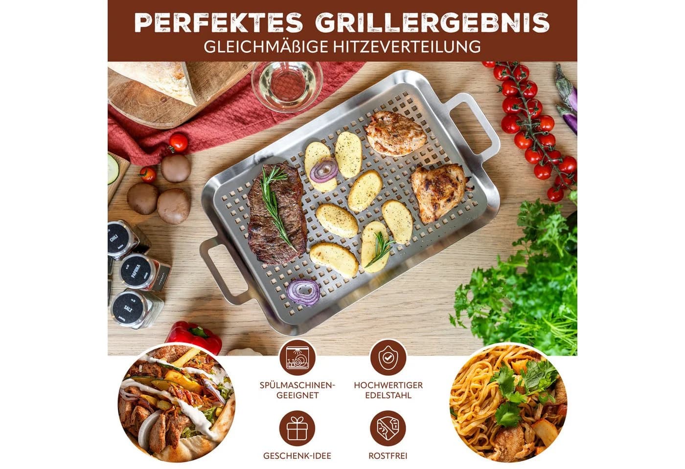 bremermann Grillplatte Edelstahl 43x25x5 cm Grillkorb Grillpfanne