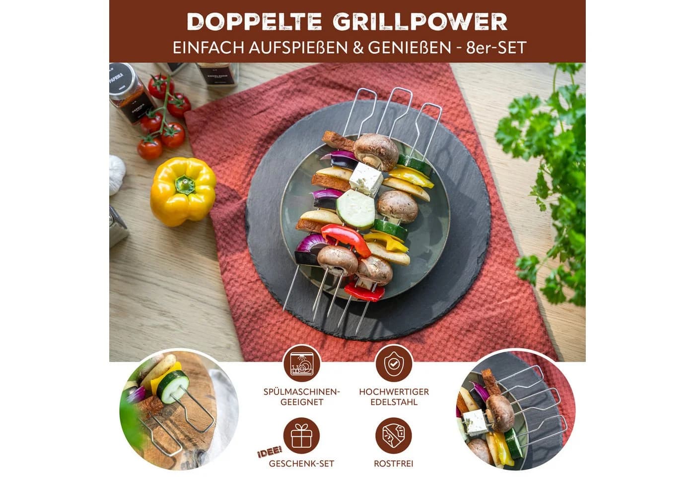 bremermann Doppel-Grillspieß 8er Set Edelstahl Silber