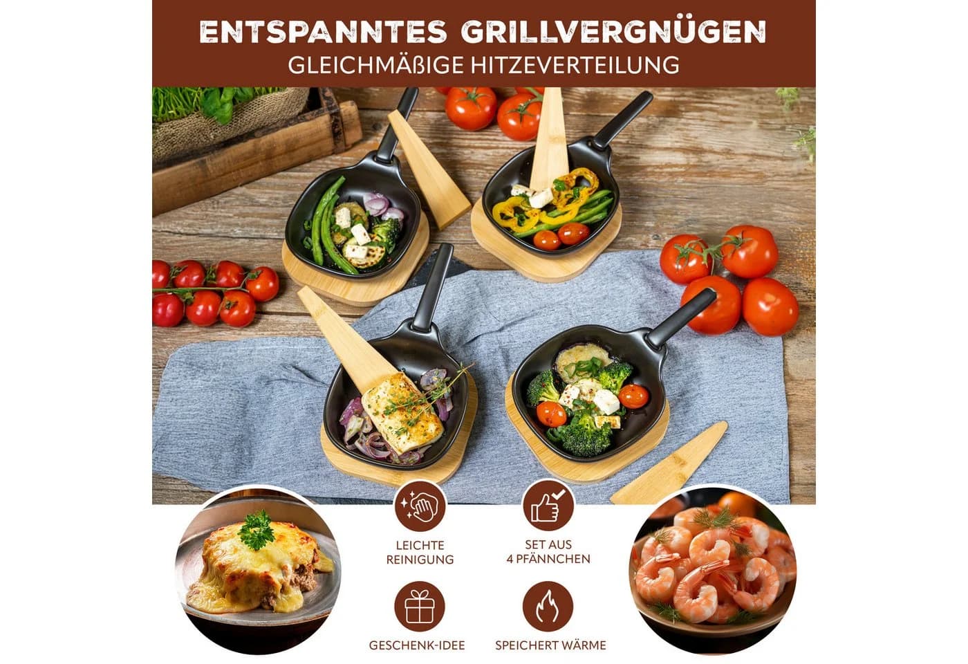 bremermann Grillpfännchen Set 4-tlg. Steingut Schwarz mit Bambus-Zubehör