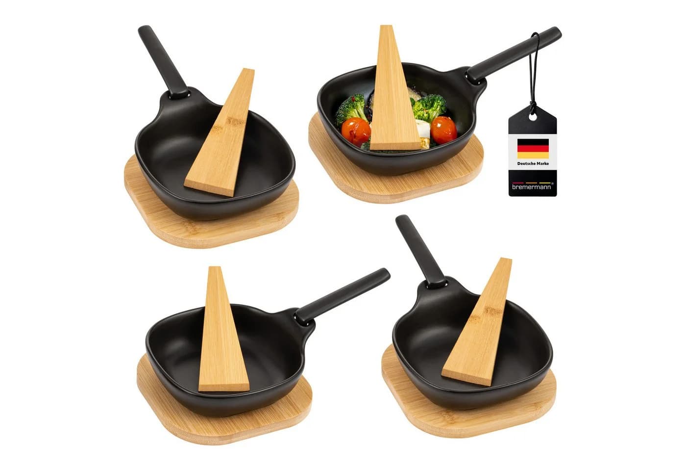 bremermann Grillpfännchen Set 4-tlg. Steingut Schwarz mit Bambus-Zubehör - Bild 2