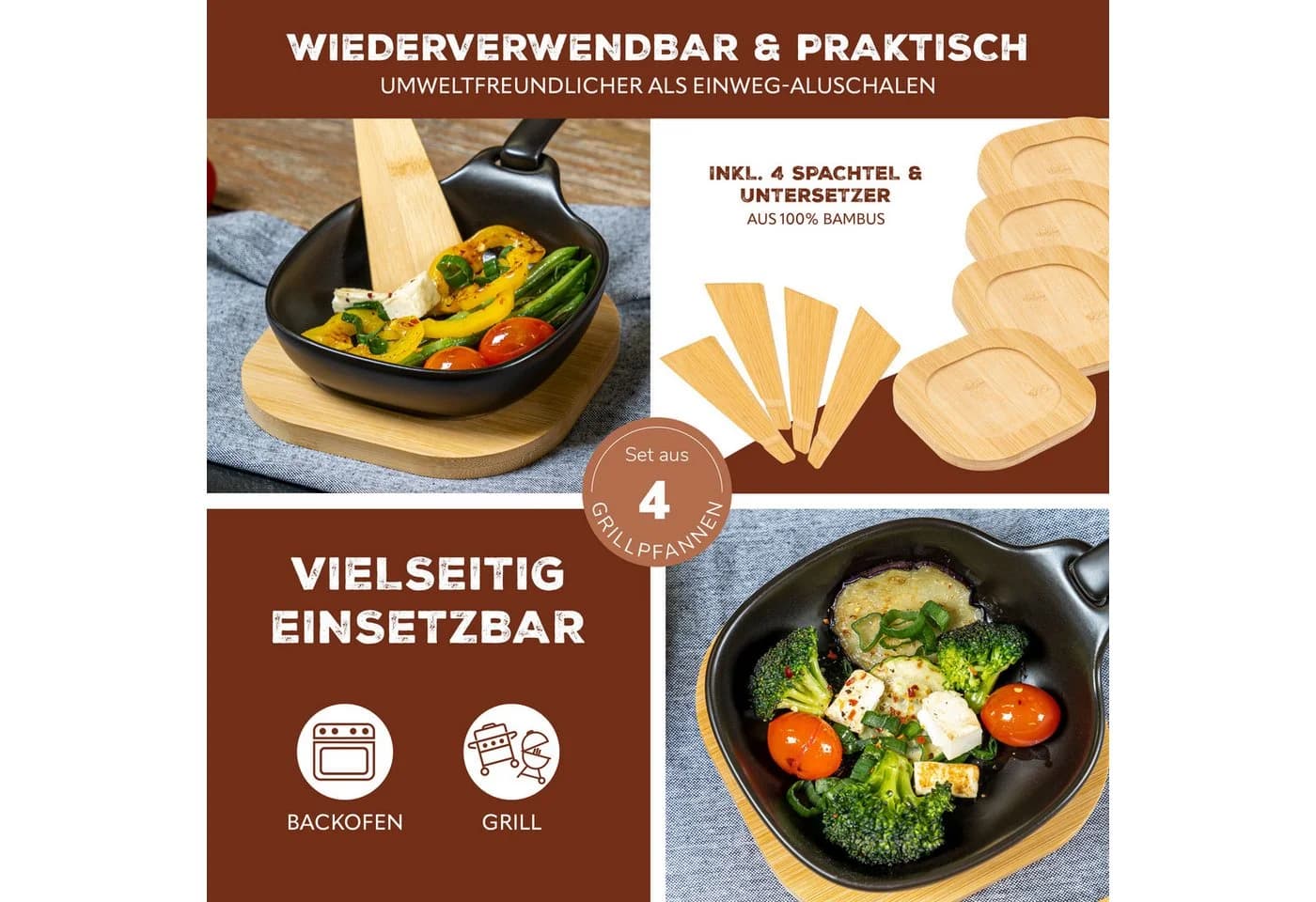 bremermann Grillpfännchen Set 4-tlg. Steingut Schwarz mit Bambus-Zubehör - Bild 3