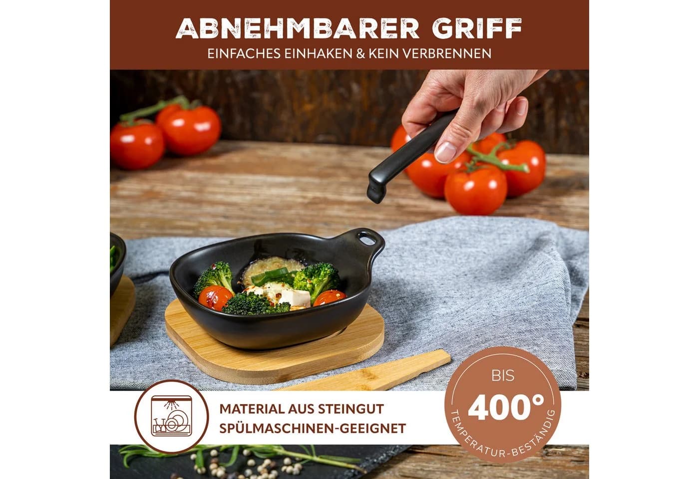 bremermann Grillpfännchen Set 4-tlg. Steingut Schwarz mit Bambus-Zubehör - Bild 4