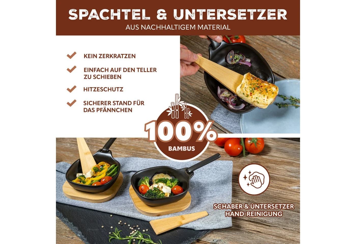 bremermann Grillpfännchen Set 4-tlg. Steingut Schwarz mit Bambus-Zubehör - Bild 5