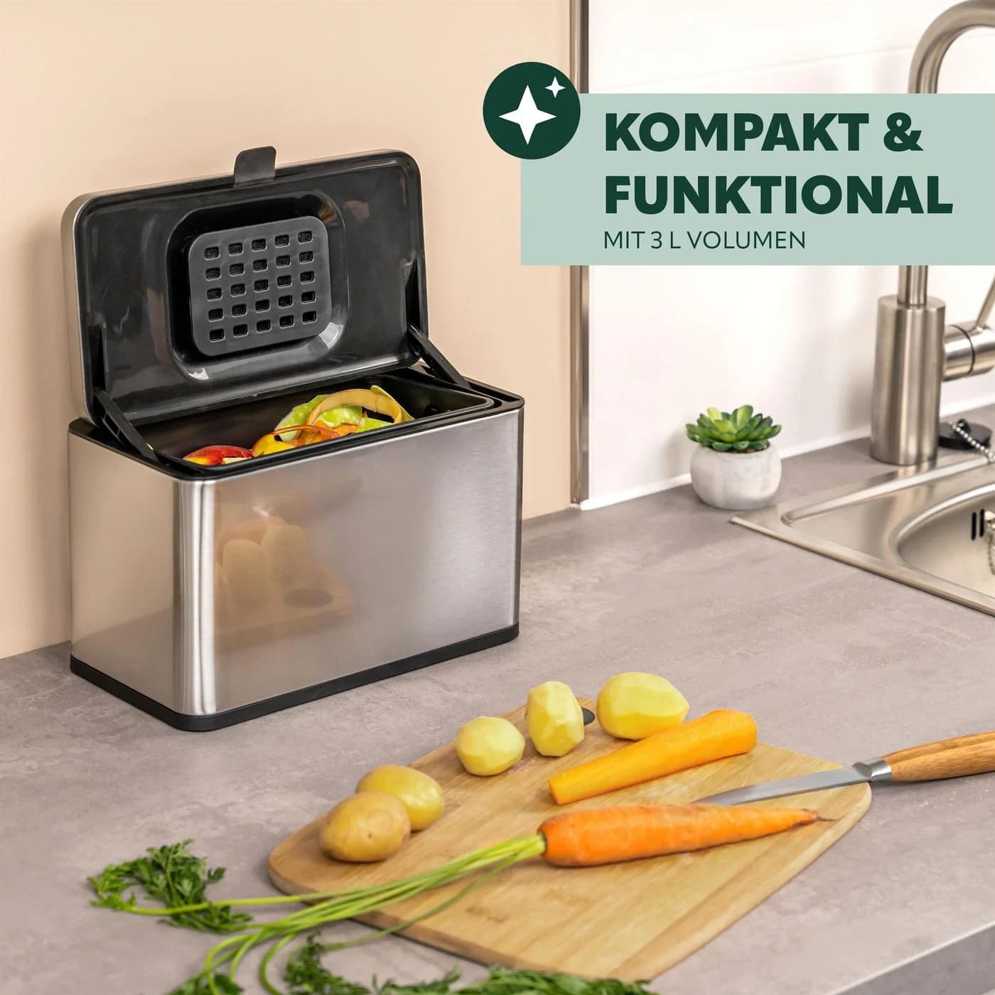eluno Biomülleimer 3L mit Kohlefilter silber