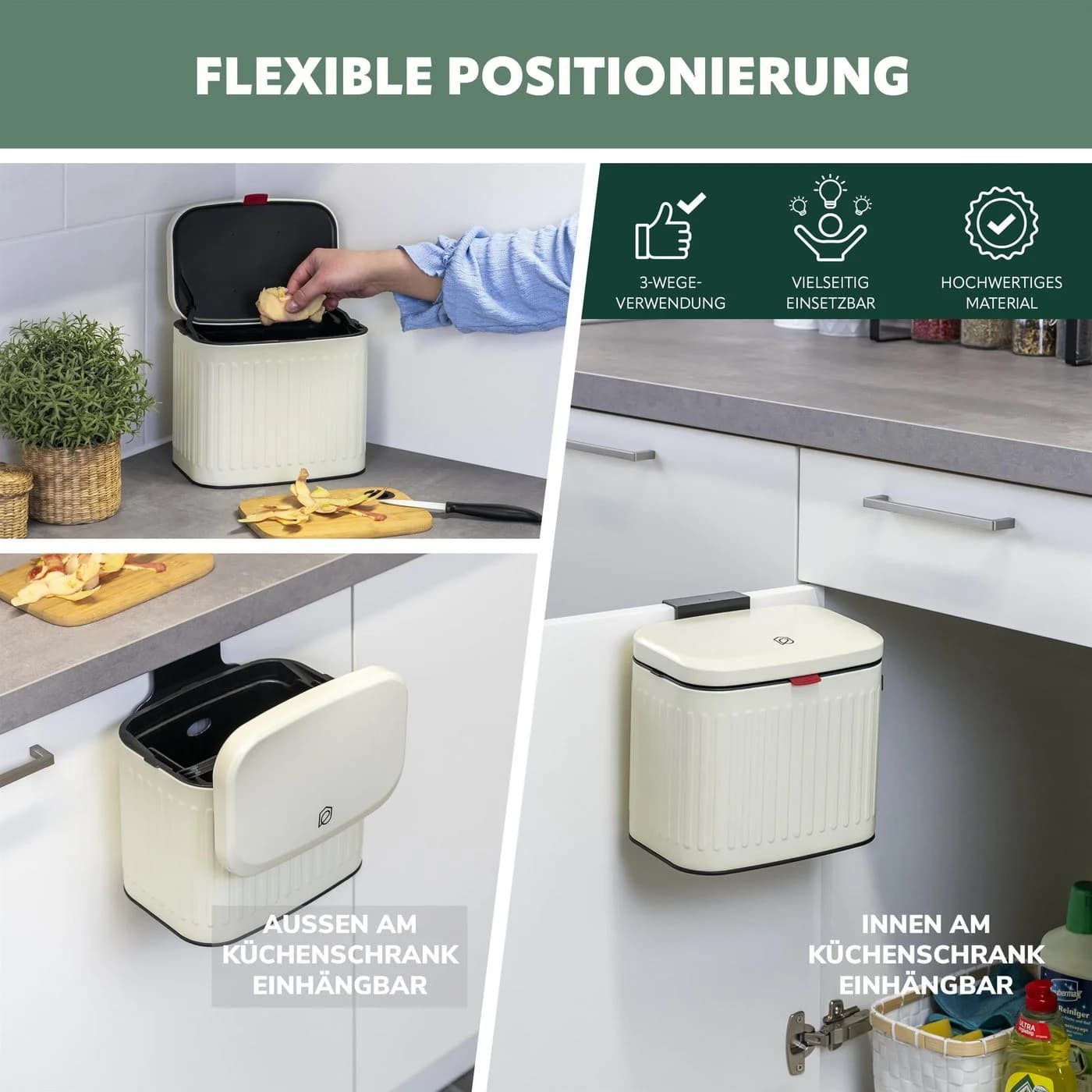 eluno Mülleimer 3L Cream Metall mit Schranktürhalter - Bild 3