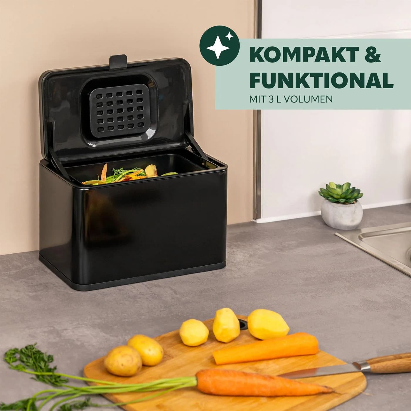 eluno Biomülleimer 3L mit Kohlefilter Schwarz Edelstahl