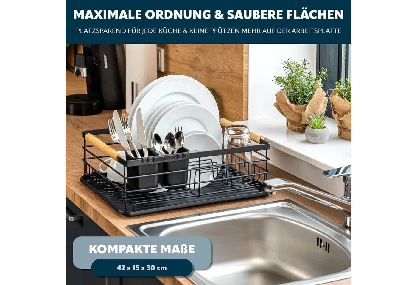 eluno Geschirrständer Schwarz Metall mit Abtropfschale & Besteckhalter