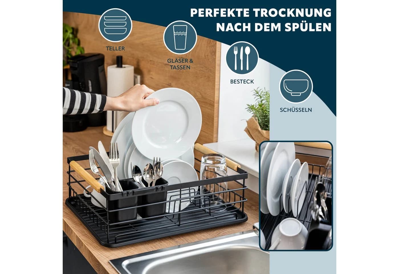 eluno Geschirrständer Schwarz Metall mit Abtropfschale & Besteckhalter - Bild 3