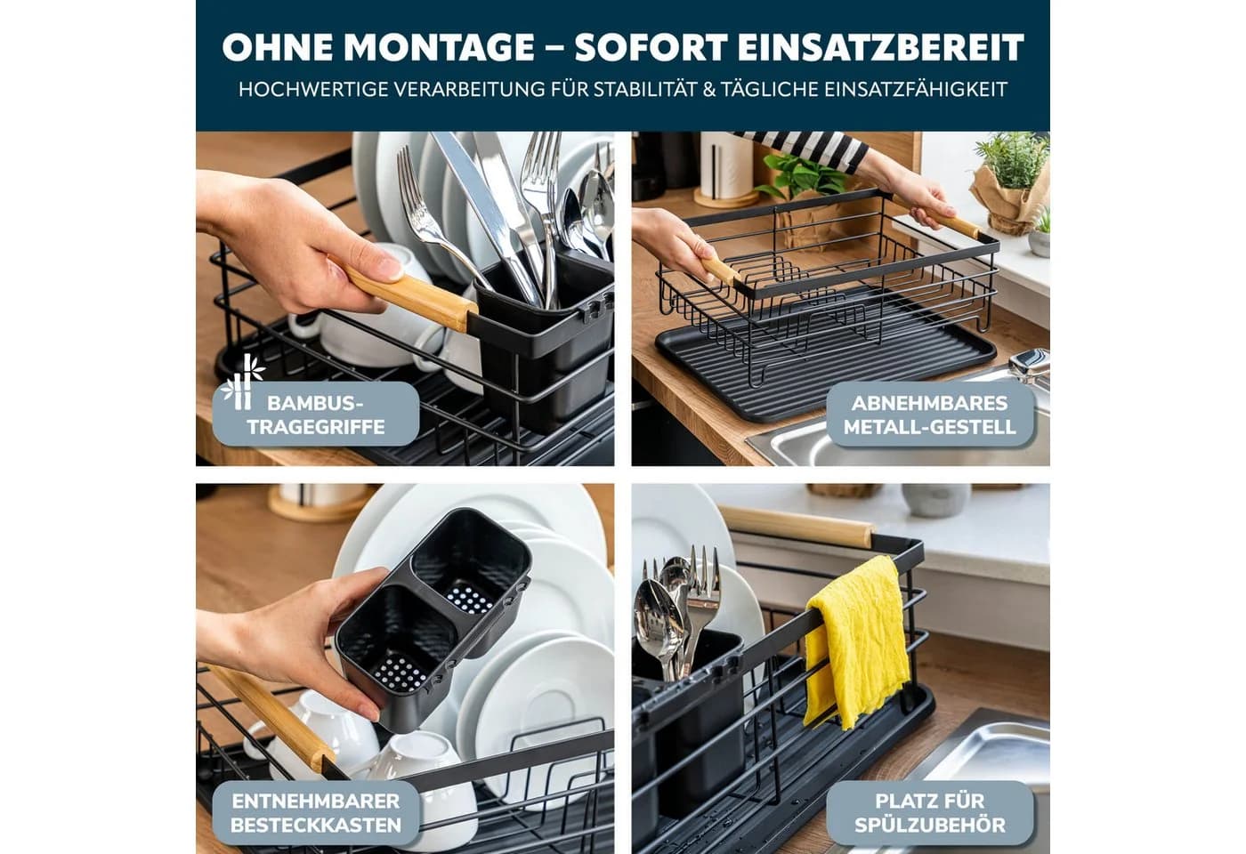 eluno Geschirrständer Schwarz Metall mit Abtropfschale & Besteckhalter - Bild 4