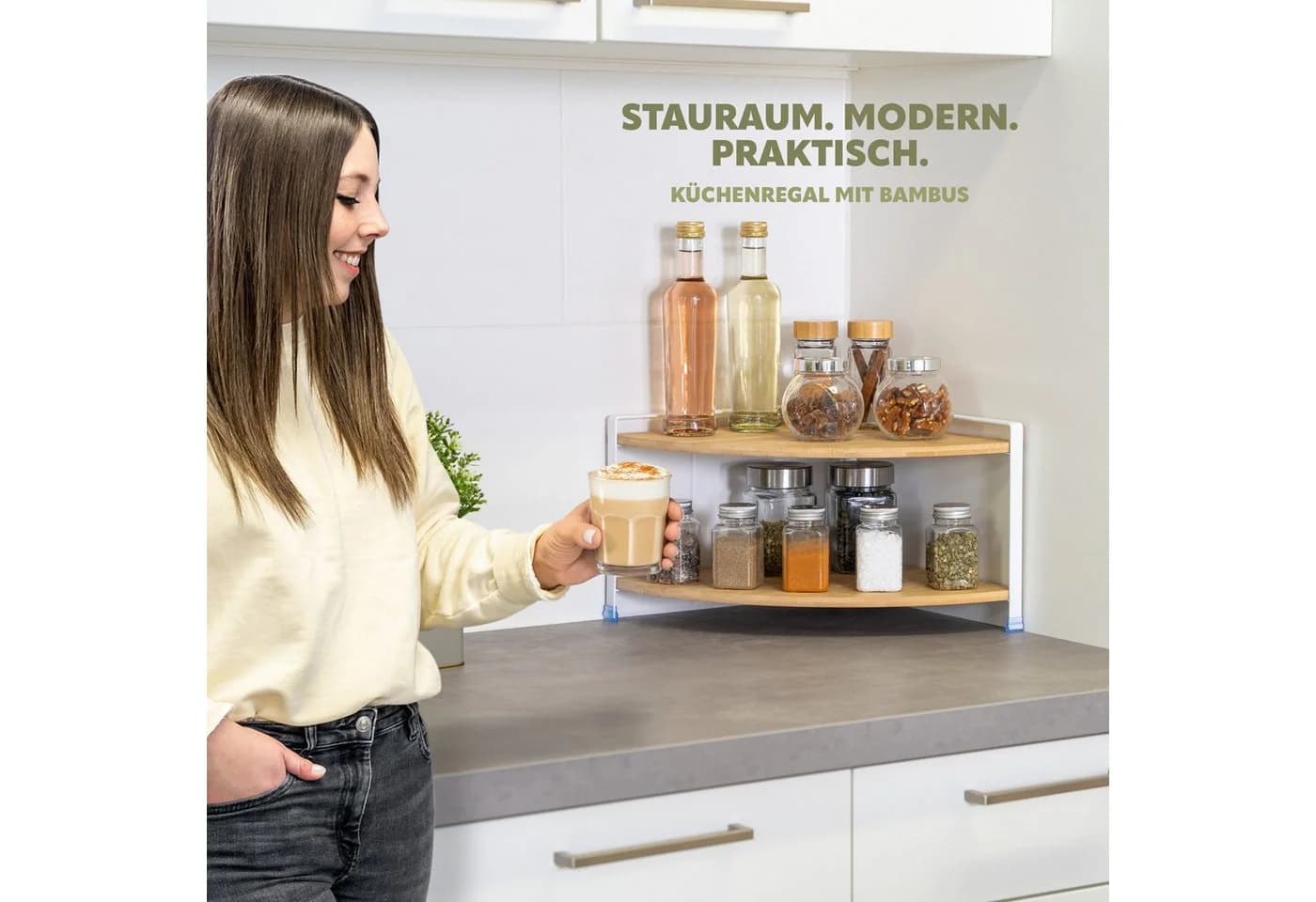 eluno Küchenregal Gewürzeckregal Bambus Metall Weiß/Schwarz - Bild 1