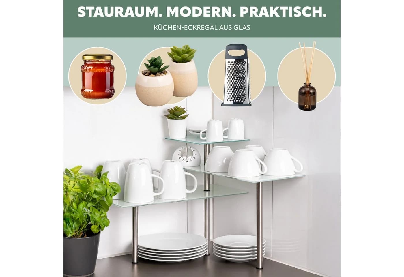 bremermann Küchenregal Eckregal Glas Edelstahl Weiß
