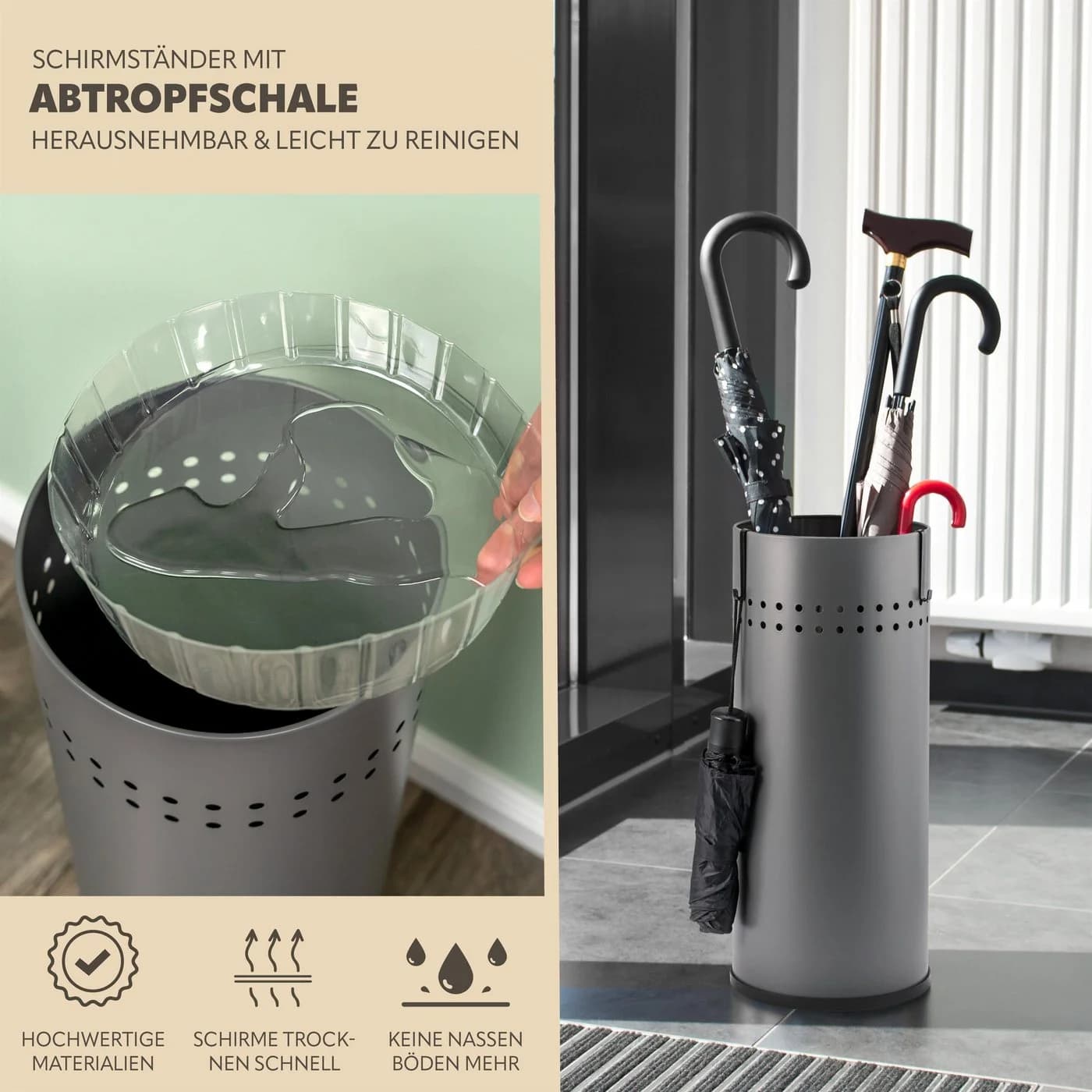bremermann Schirmständer mit Tropfschale und 2 Haken Grau - Bild 3
