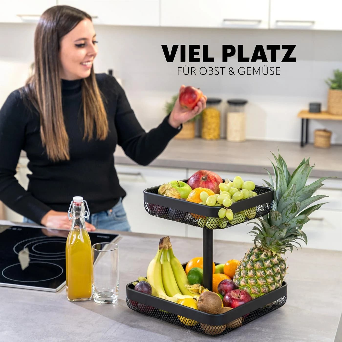 eluno Obstschale eckig 2-stöckig Schwarz Metall