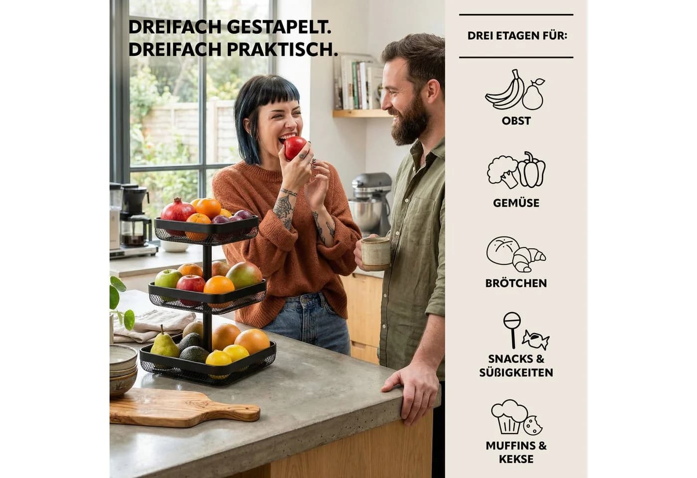 eluno 3-stöckige Obstschale eckig Schwarz Metall
