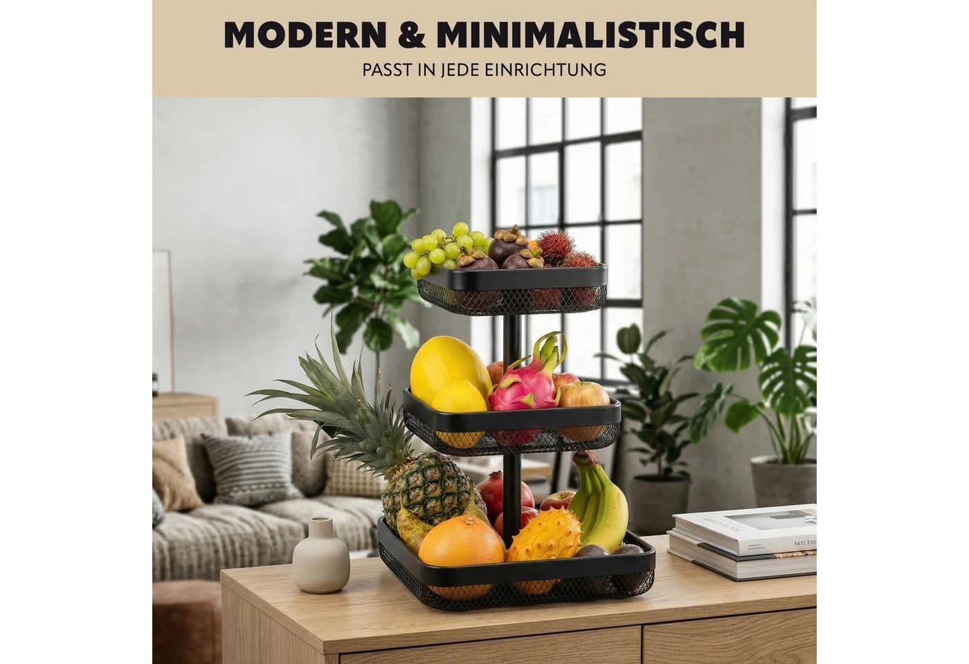 eluno 3-stöckige Obstschale eckig Schwarz Metall - Bild 3