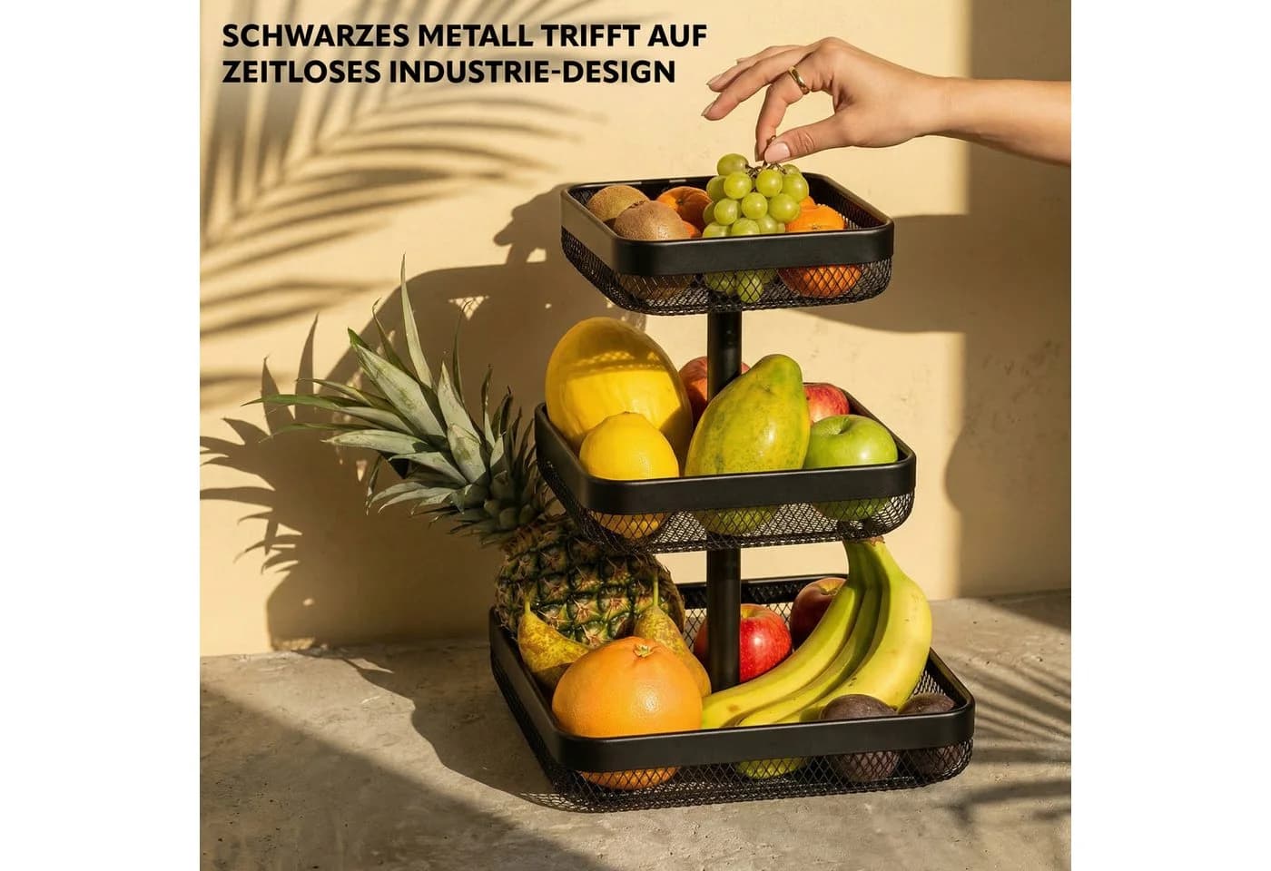 eluno 3-stöckige Obstschale eckig Schwarz Metall - Bild 4