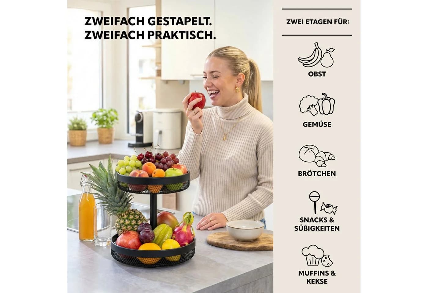 eluno Obstschale rund 2-stöckig Schwarz Metall
