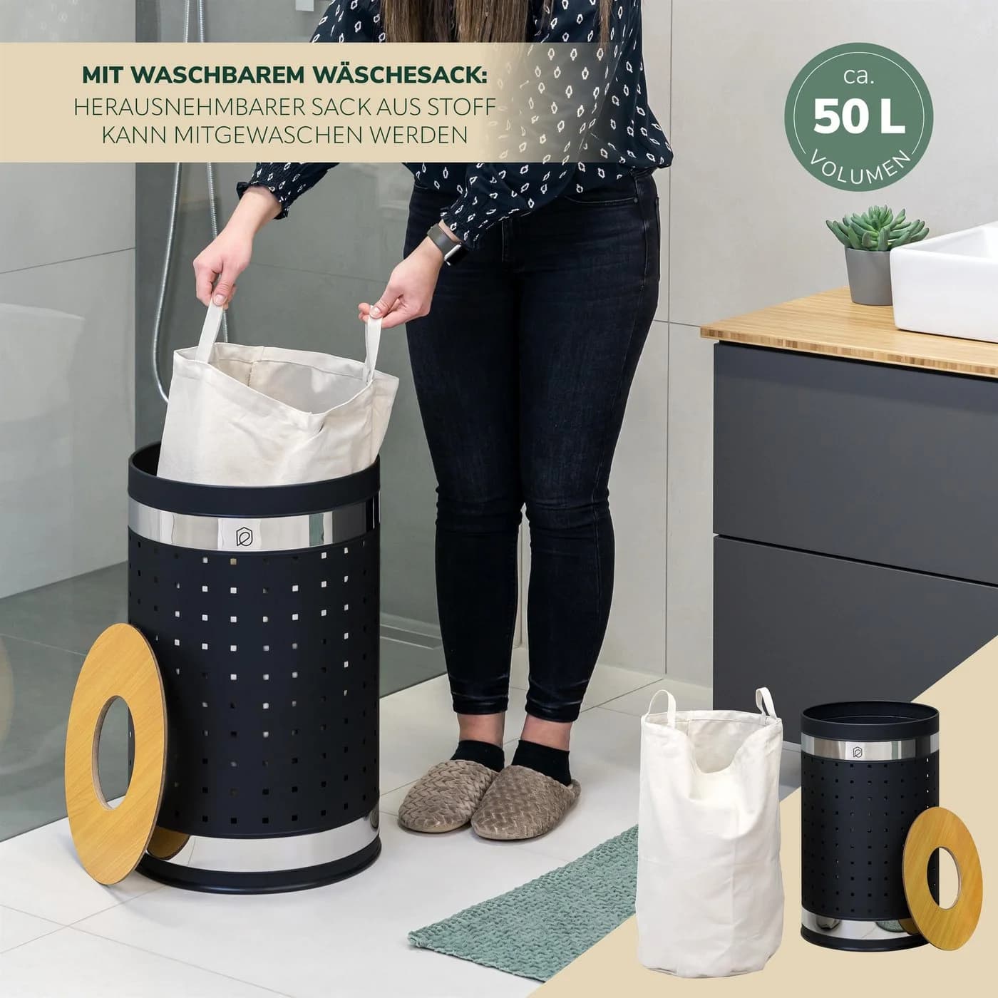 eluno Wäschetonne mit Deckel und Wäschesack rund 50L, aus Metall - Bild 3