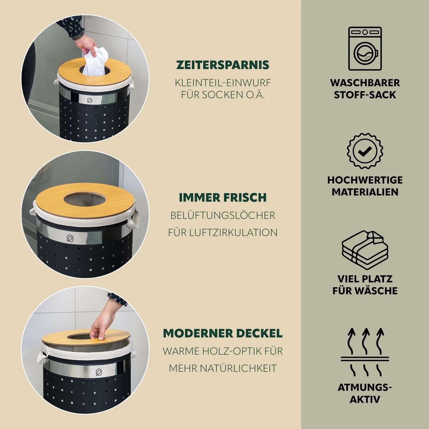 eluno Wäschetonne mit Deckel und Wäschesack rund 50L, aus Metall - Bild 4