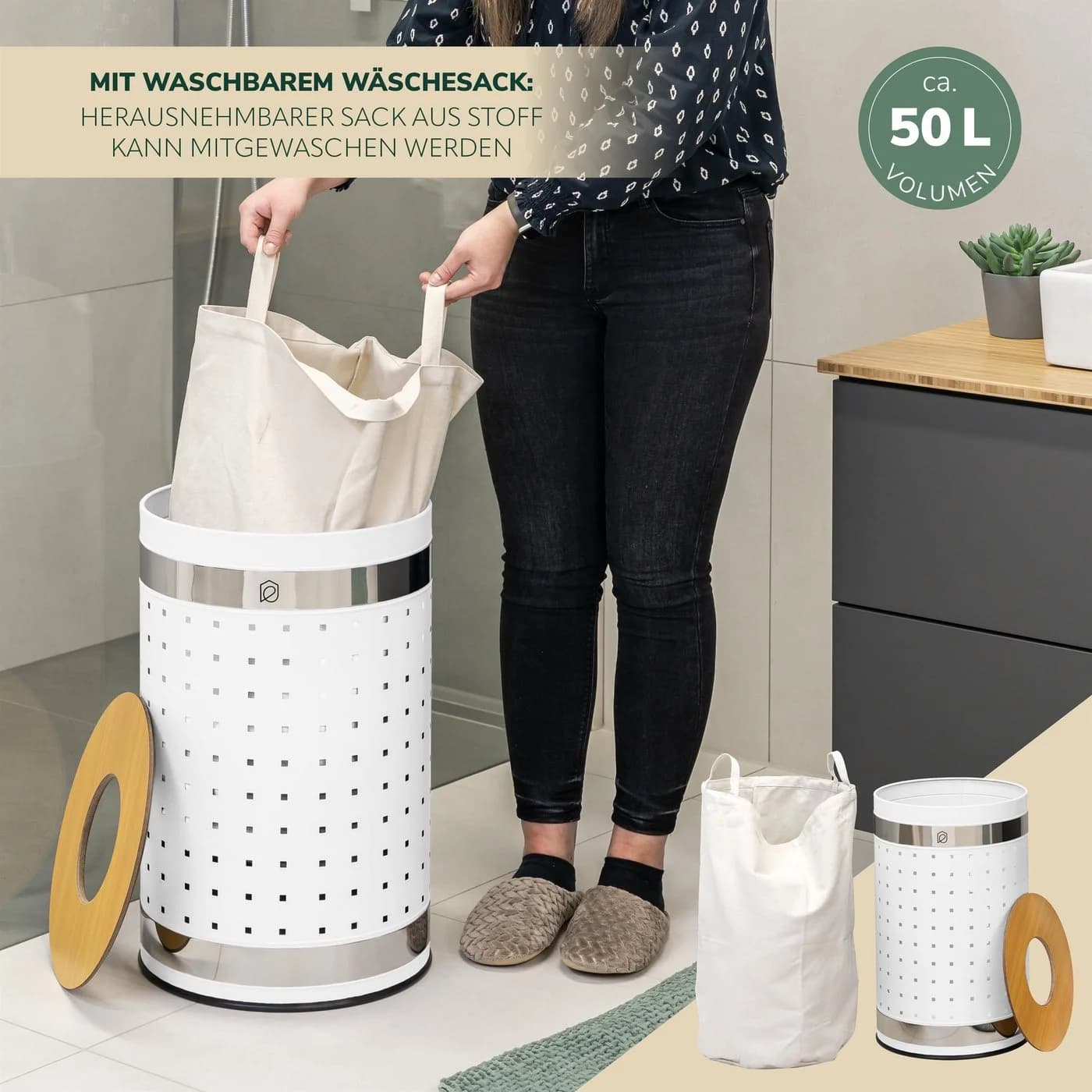 eluno Wäschetonne rund 50L Metall mit Holzdeckel und Wäschesack - Bild 3