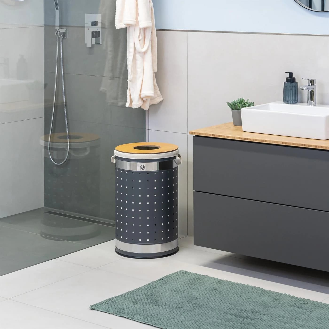 eluno Wäschetonne rund 50L grau Metall Holzoptik mit Wäschesack