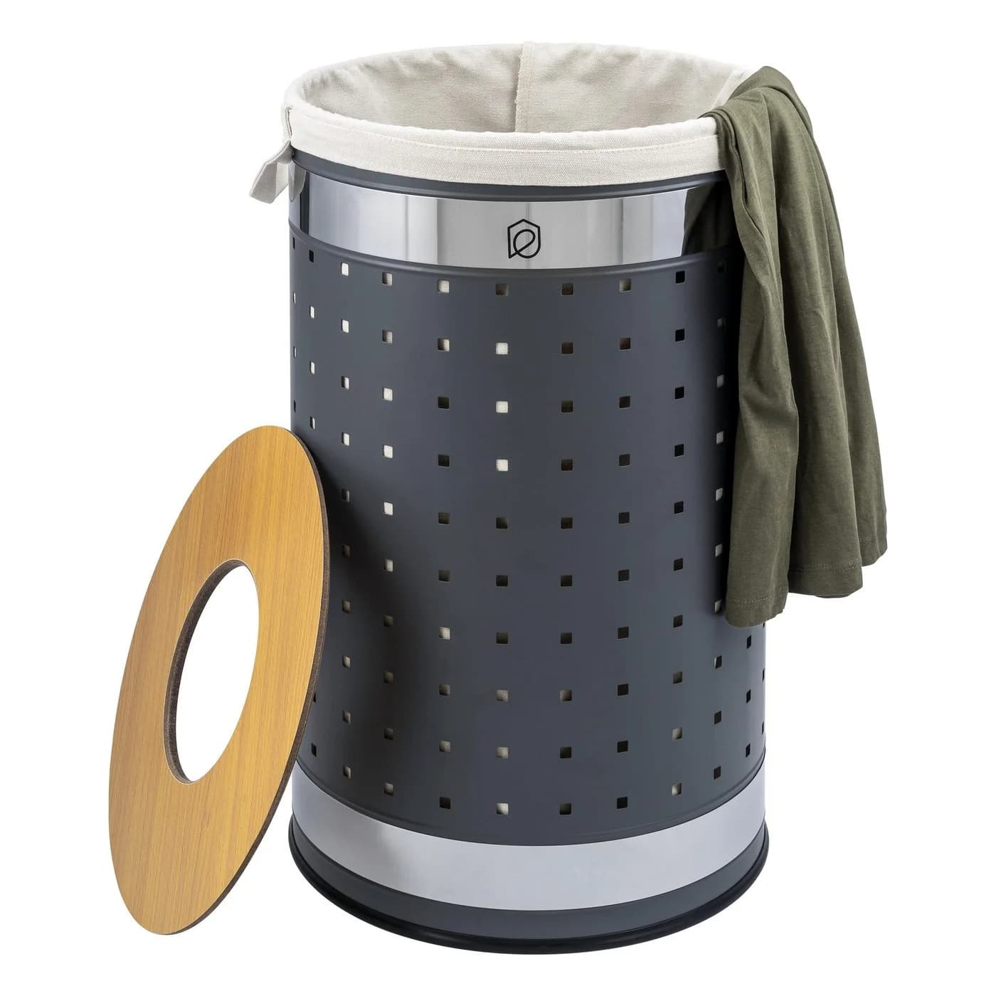 eluno Wäschetonne rund 50L grau Metall Holzoptik mit Wäschesack - Bild 2