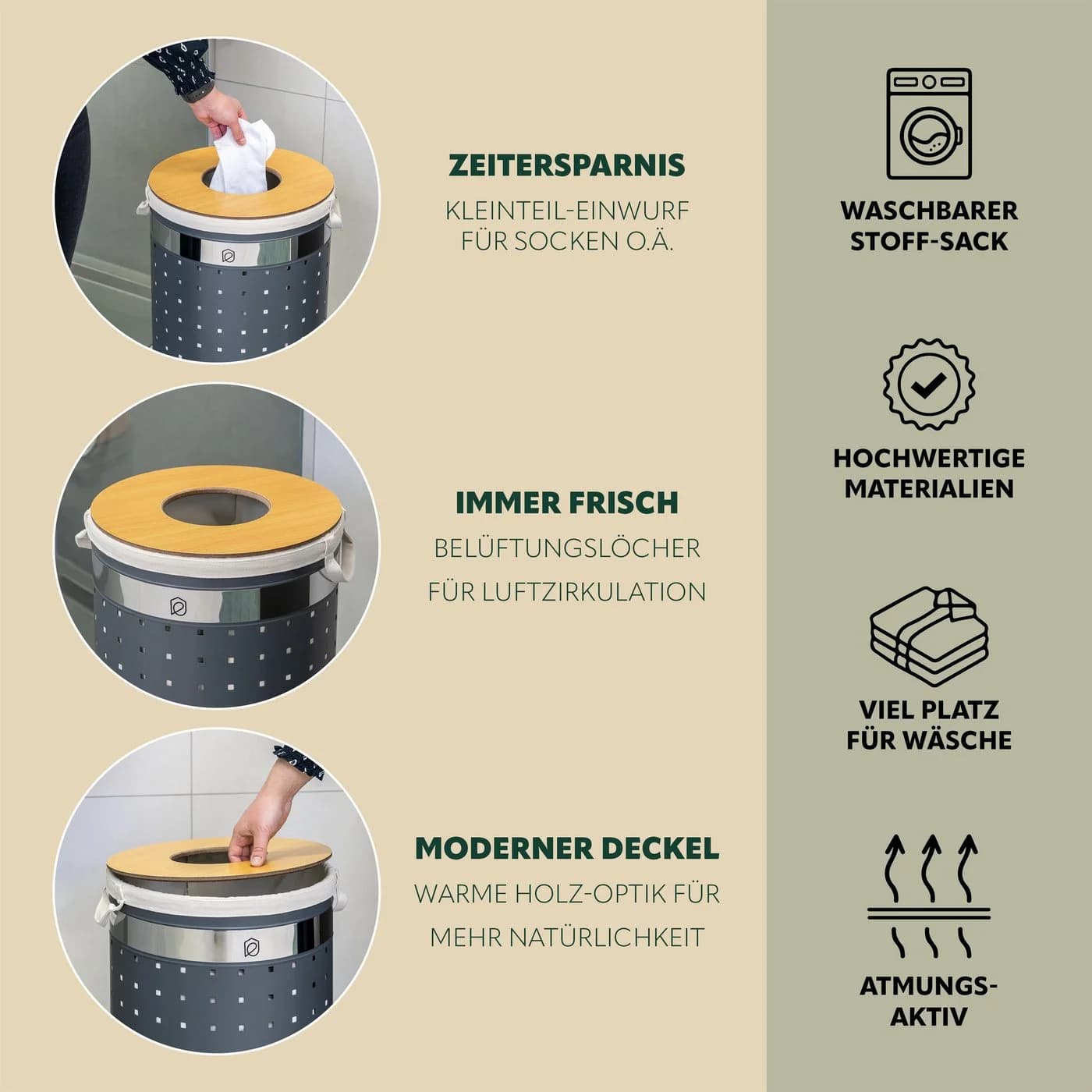 eluno Wäschetonne rund 50L grau Metall Holzoptik mit Wäschesack - Bild 4