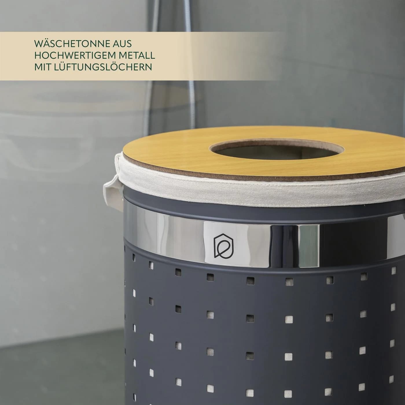 eluno Wäschetonne rund 50L grau Metall Holzoptik mit Wäschesack - Bild 5