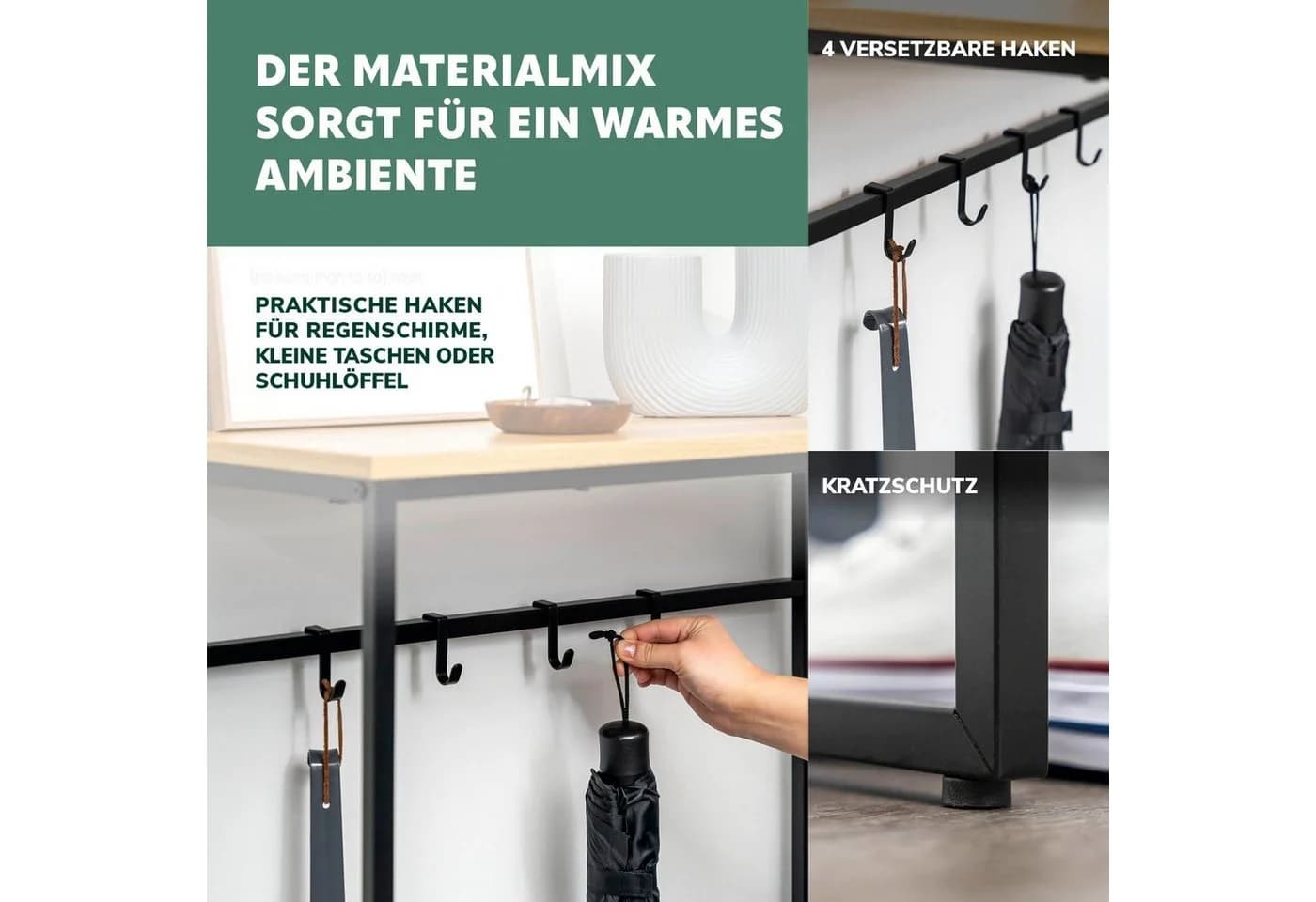 eluno Konsolentisch Schwarz mit Holzablage & 4 Haken - Bild 5