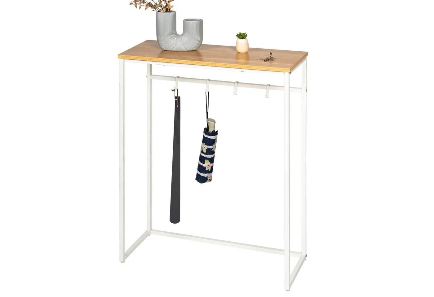 eluno Konsolentisch Weiß mit Holzablage und 4 Haken - Bild 2