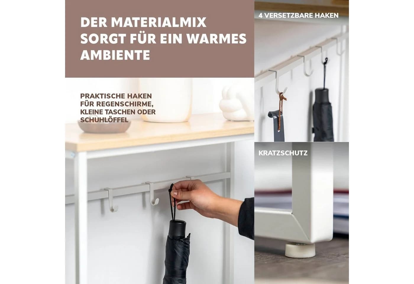 eluno Konsolentisch Weiß mit Holzablage und 4 Haken - Bild 5