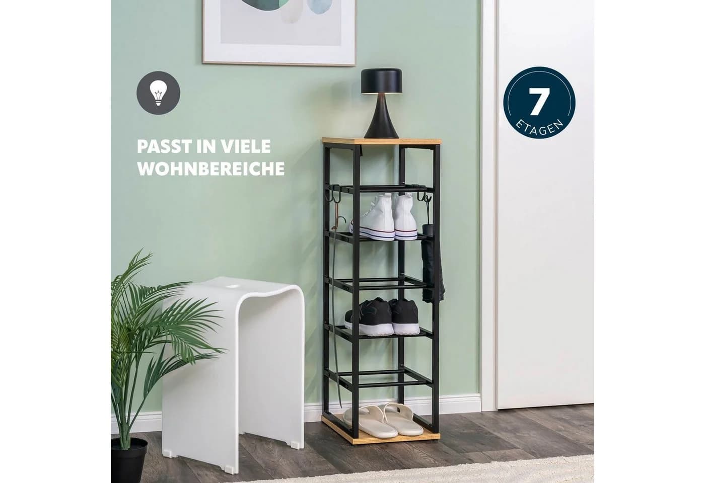eluno Schuhregal Schwarz 6 Paar Eiche-Dekor Metallgestell - Bild 4