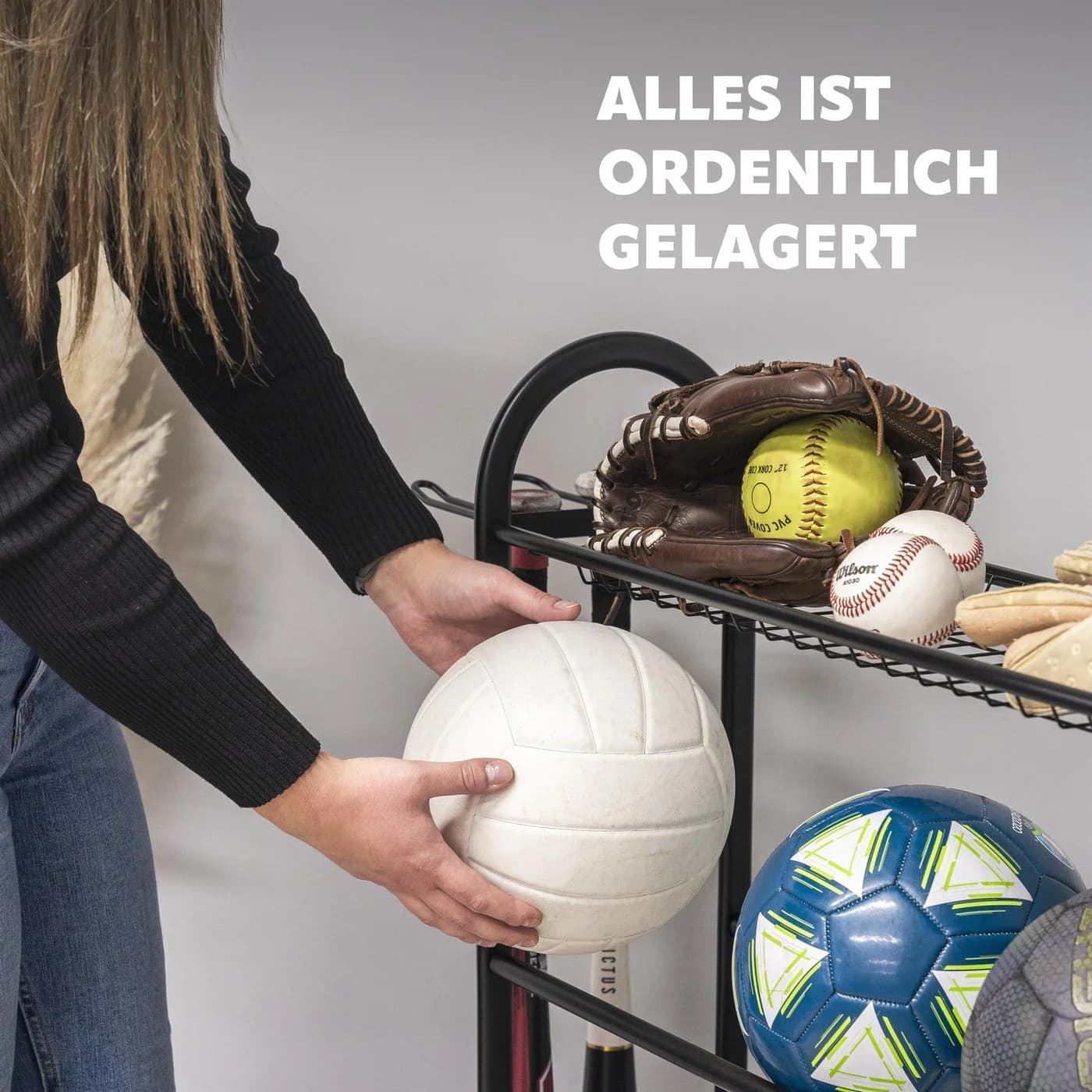 eluno Sportball-Aufbewahrungsständer mit Baseballschlägerhalter Schwarz - Bild 3