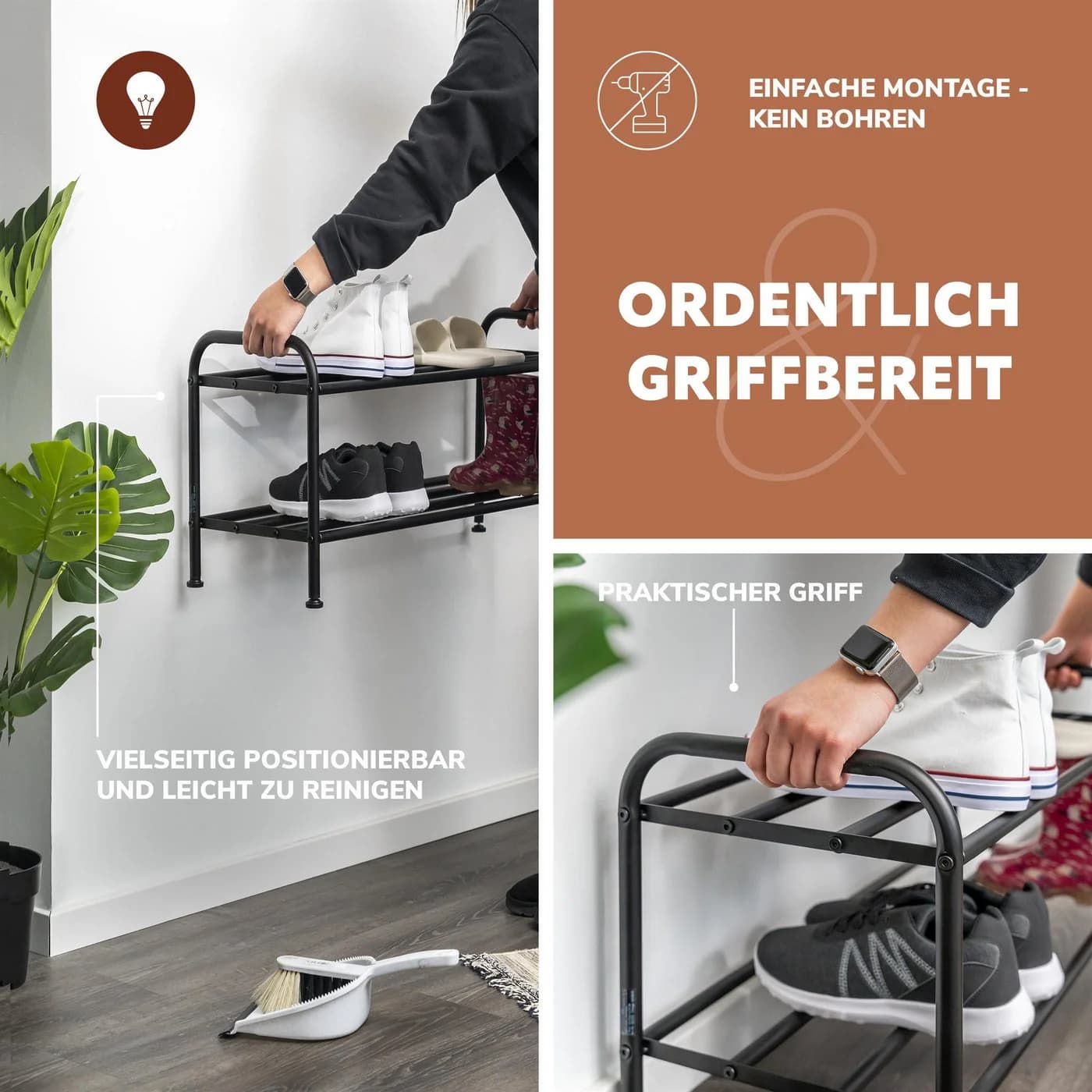 eluno Schuhregal für ca. 8 Paar Schuhe, 2 Ablagen, schwarz - Bild 5
