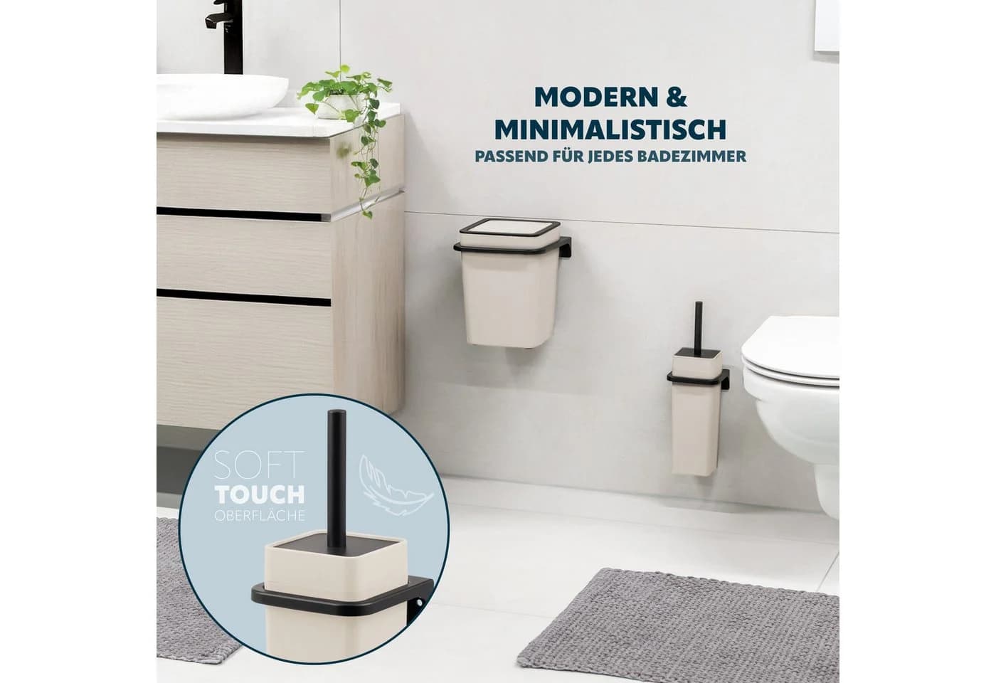 bremermann WC-Garnitur SAVONA Softtouch Schwarz/Beige mit Wandhalterung