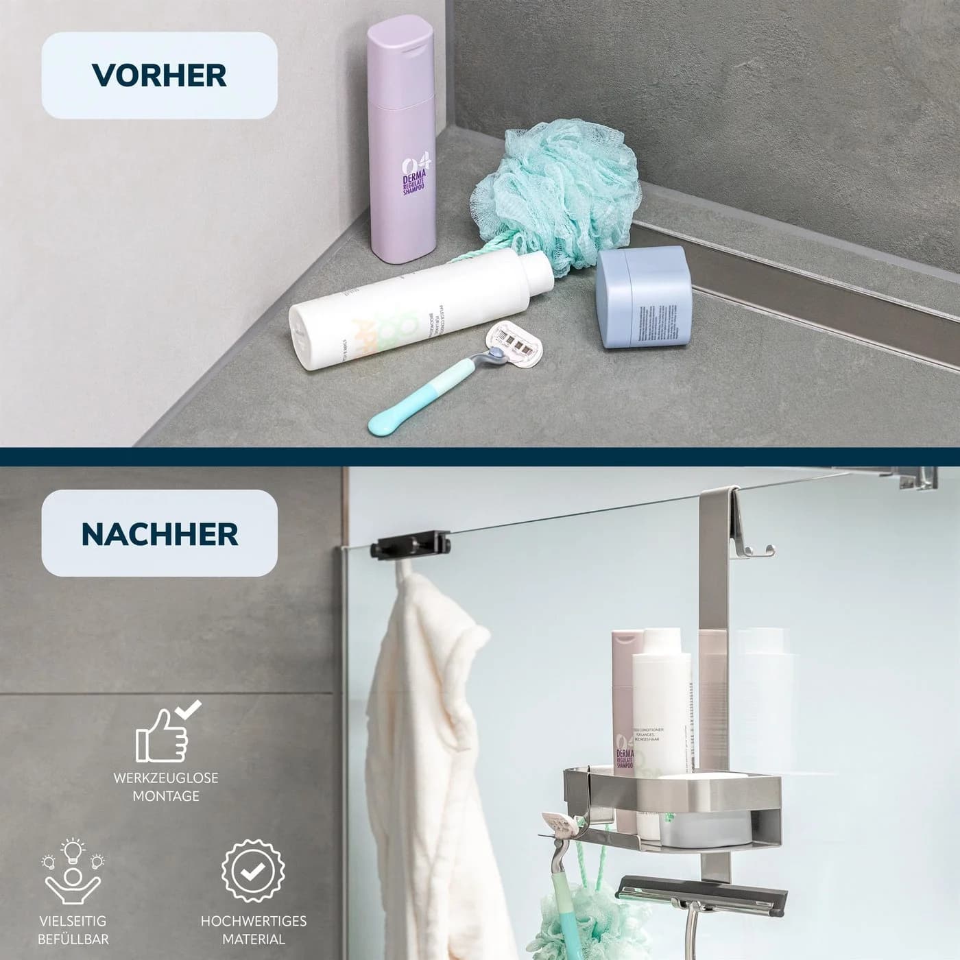 eluno Duschablage Edelstahl mit 4 Haken für Glasduschwand - Bild 4