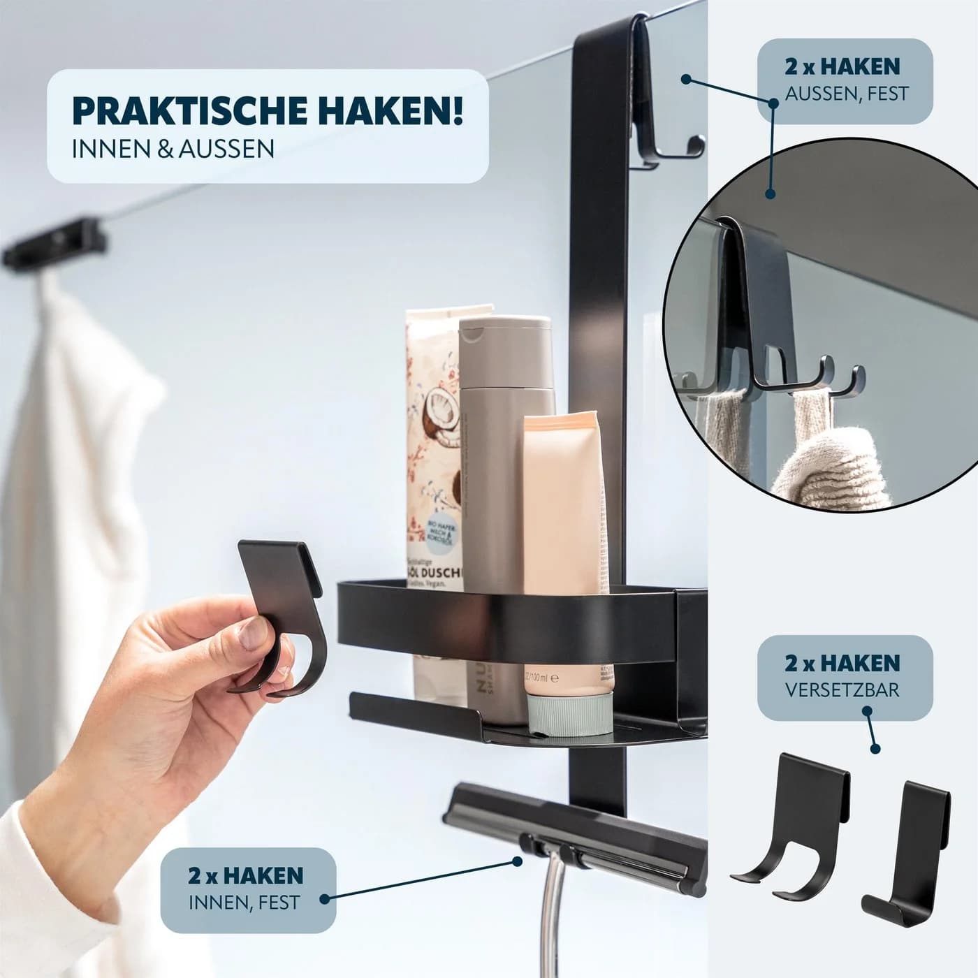 eluno Duschablage Edelstahl Schwarz mit Haken - Bild 3