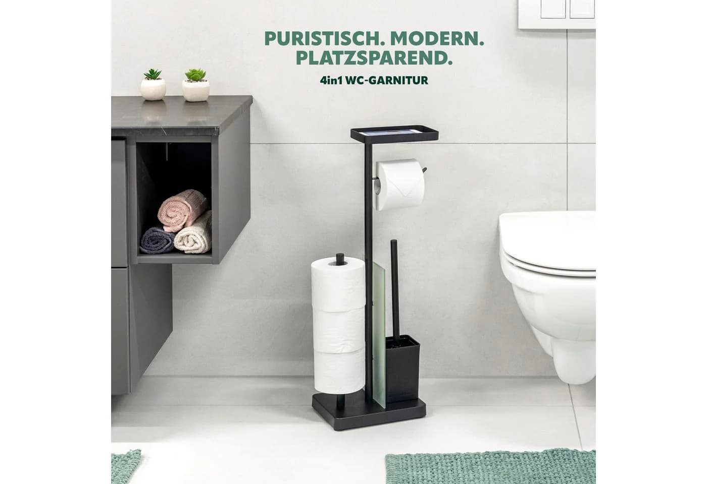 eluno WC-Garnitur 4in1 Schwarz mit WC-Bürste und Rollenhalter